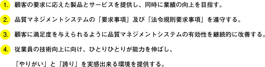 １：顧客の要求に応えた製品とサービスを提供し、同時に業績の向上を目指す。２：品質マネジメントシステムの「要求事項」及び「法令規則要求事項」を尊守する。３：顧客に満足度を与えるように品質マネジメントシステムの有効性を継続的に改善する。４：従業員の技術向上に向け、ひとりひとりが能力を伸ばし、「やりがい」と「誇り」を実感できる環境を提供する。